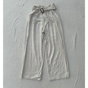 Mable Wide Leg Pants Women's Small Beige Linen Blend Belted Paperbag Waist